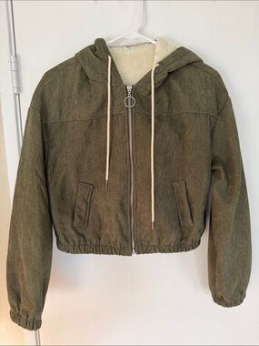 SHEIN Olive Green Corduroy Hooded Bomber Jacket